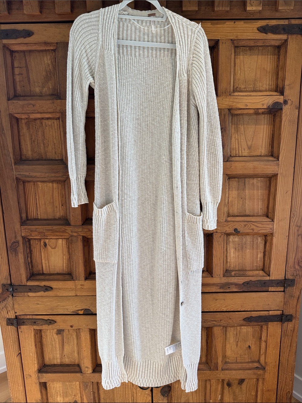 Free People Long Open-Front Knit Cardigan in Oatmeal